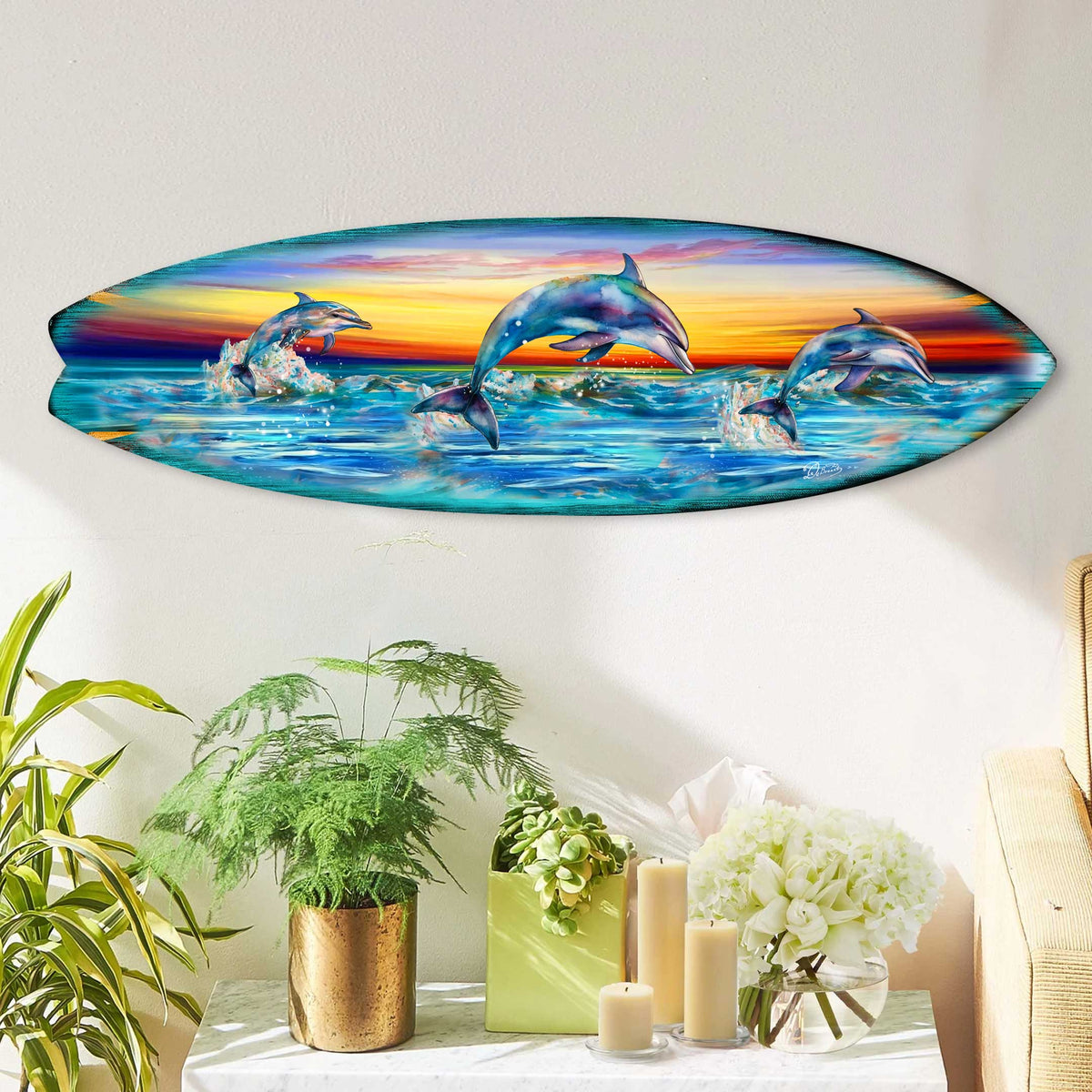 Dolphin's Dance Surfboard Coastal Wall Art by G. DeBrekht - Coastal Holiday Decor - 8490122HS