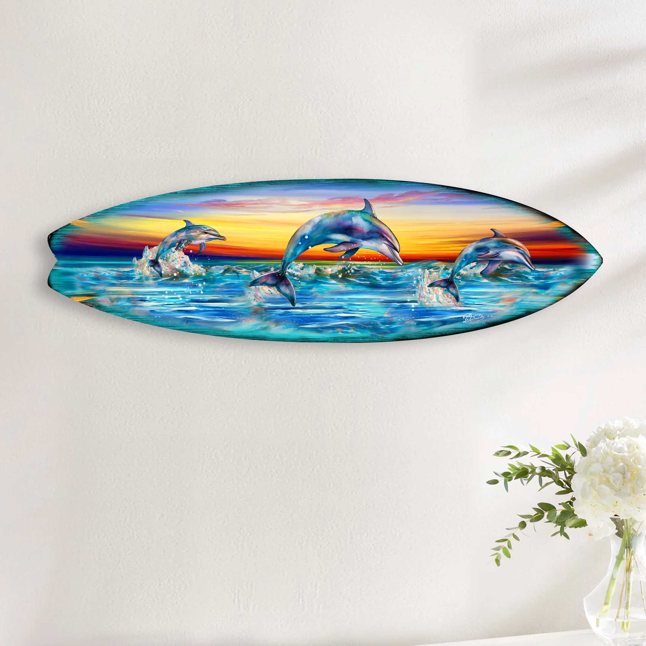 Dolphin's Dance Surfboard Coastal Wall Art by G. DeBrekht - Coastal Holiday Decor - 8490122HS