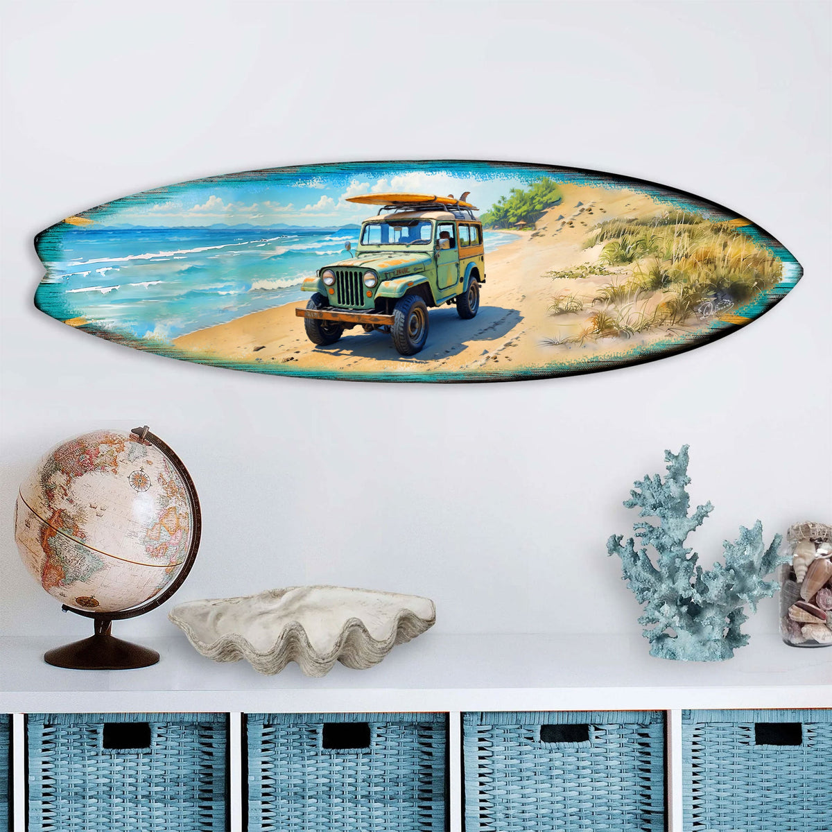 Vintage Beach Jeep Surfboard Wall Art – Handcrafted Coastal Decor for Beach House & Surf-Inspired Spaces - 8490143HS