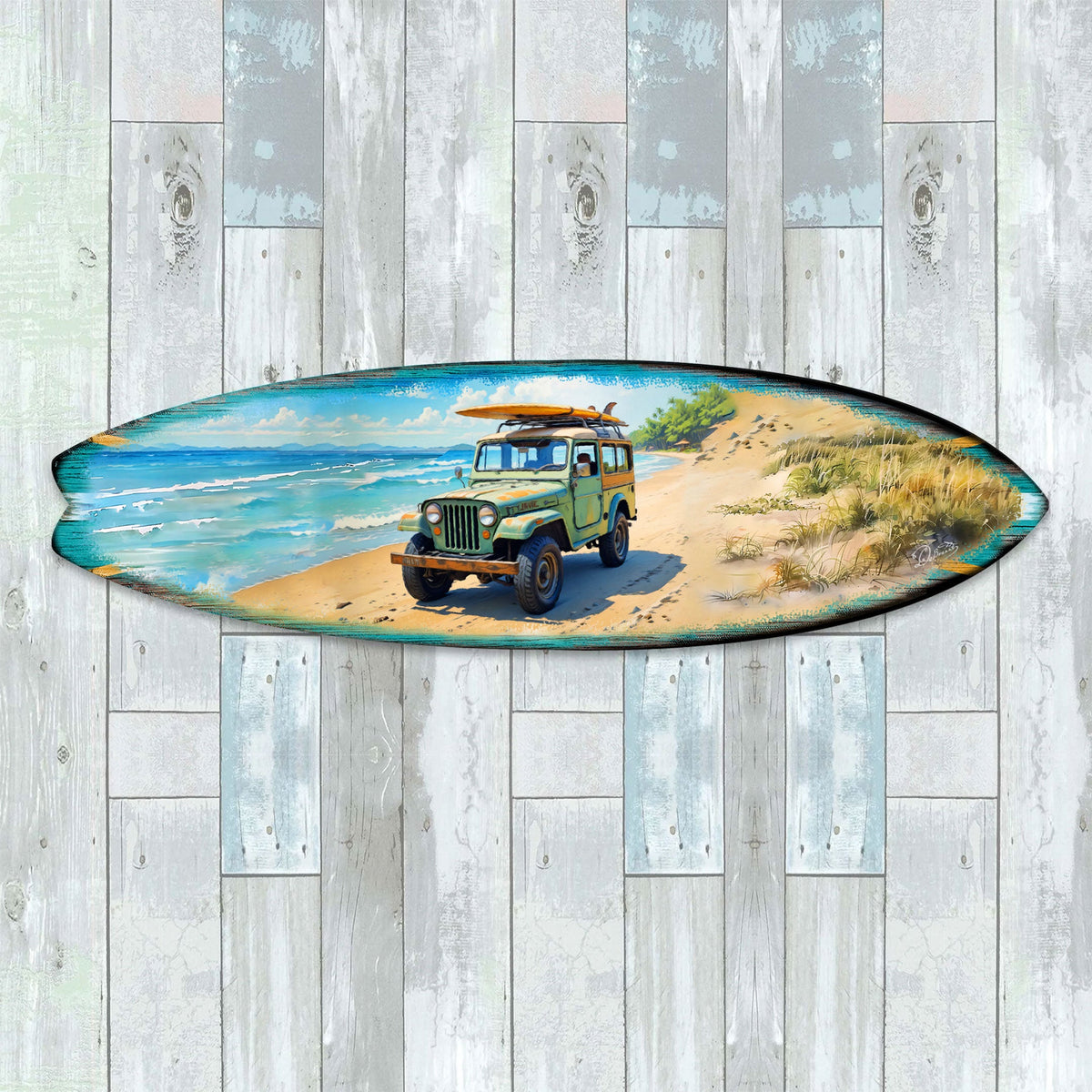 Vintage Beach Jeep Surfboard Wall Art – Handcrafted Coastal Decor for Beach House & Surf-Inspired Spaces - 8490143HS