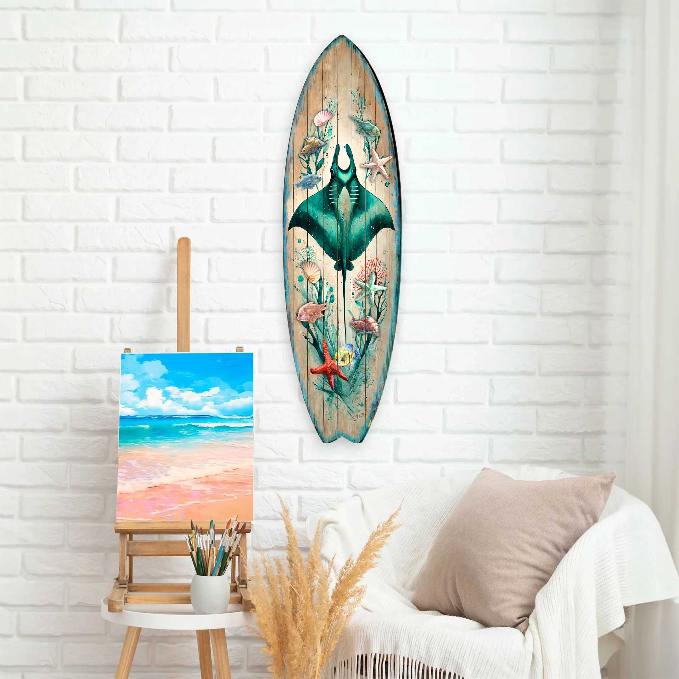 Manta Ray Surfboard Wall Art – Handcrafted Coastal Ocean Decor by G.DeBrekht – Underwater Sea Life Beach House Accent – 8490148HS