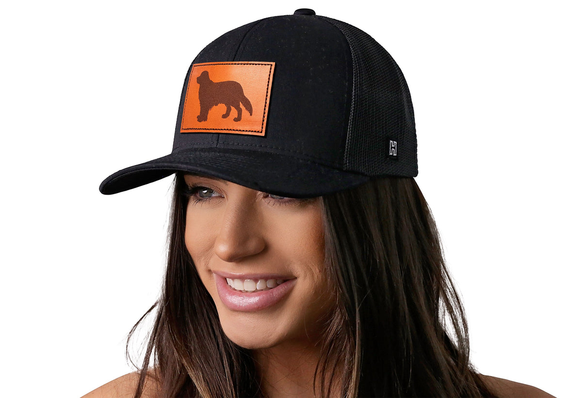 Golden Retriever Trucker Hat Leather  |  Black Dog Snapback
