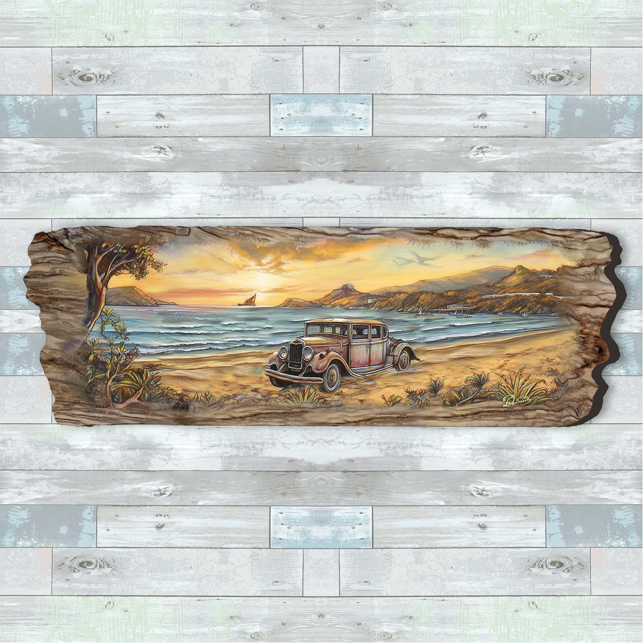 Vintage Car at the Beach Wooden Wall Art by G. DeBrekht Coastal Decor - 8491102W