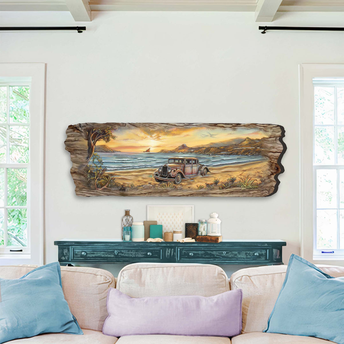 Vintage Car at the Beach Wooden Wall Art by G. DeBrekht Coastal Decor - 8491102W