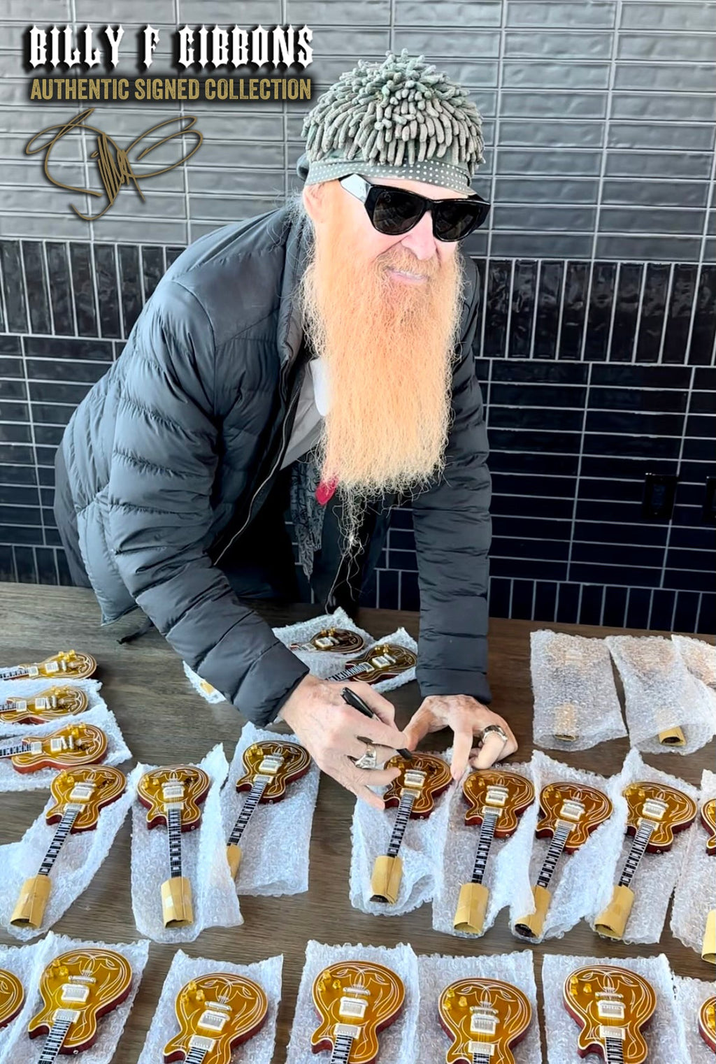 Billy F Gibbons AUTOGRAPHED "Pinstripe" Gibson Les Paul Goldtop Mini Guitar Model