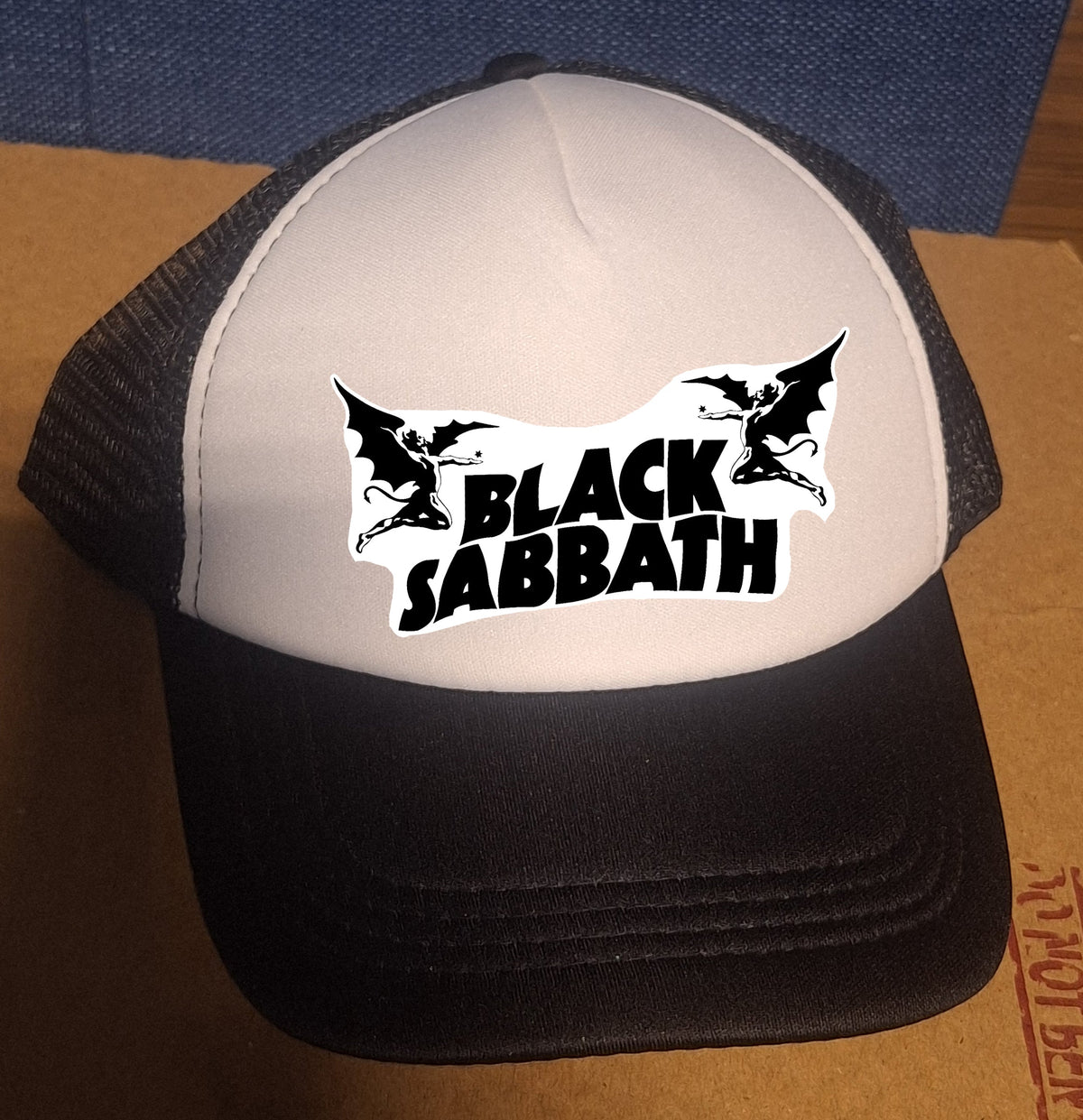 Adjustable Trucker Baseball Hat Featuring Black Sabbath Classic Rock Band Logo